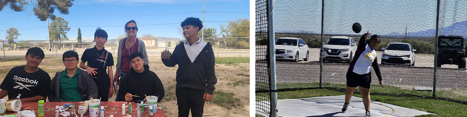students outside crafting and a student shot putting
