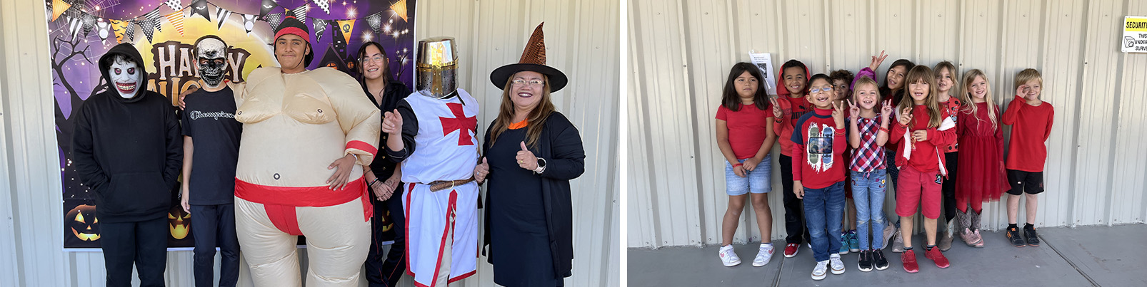students in costumes outside and students in red outside