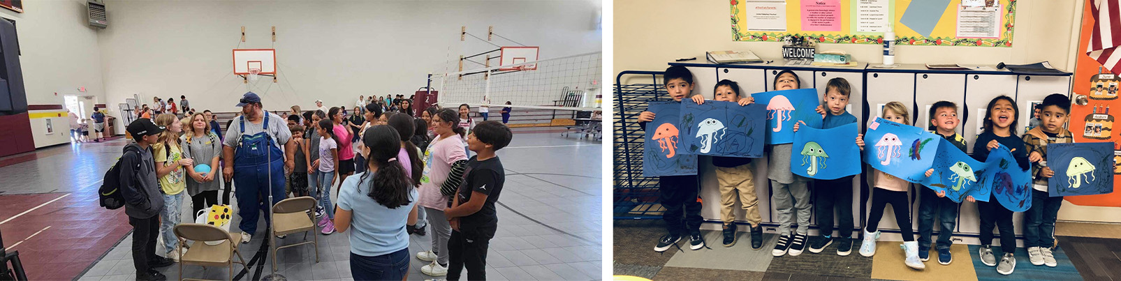 students in a group in a gym and students holding jellyfish artwork