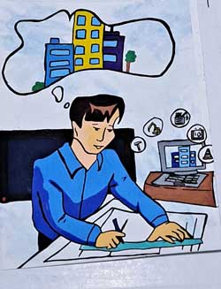 Artwork of an architect creating a drawing of a building he is imagining